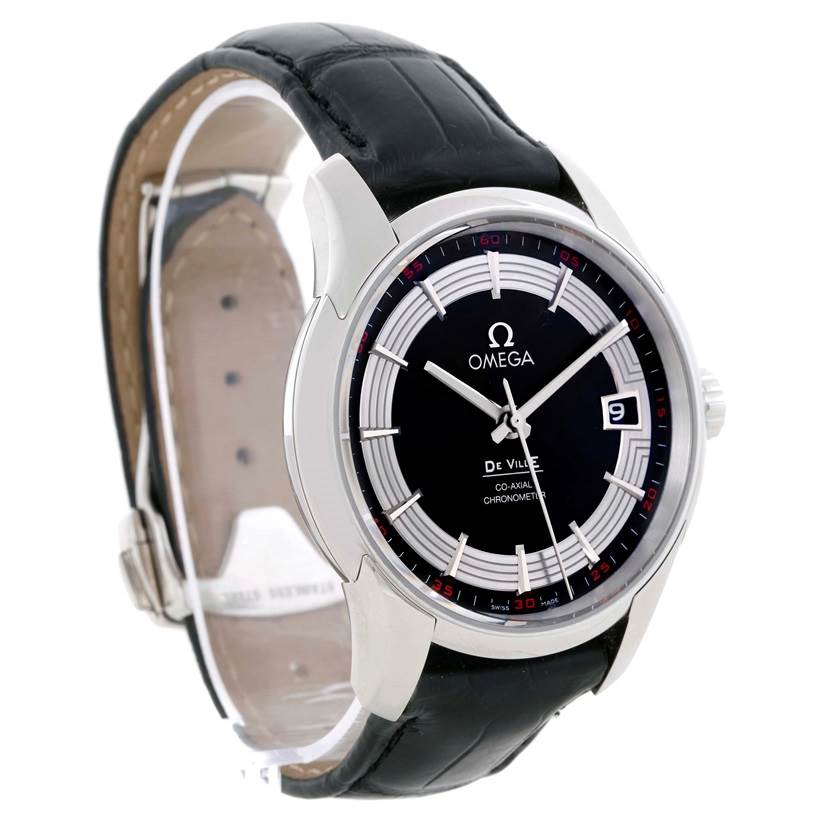 The image shows the front and side view of the Omega De Ville 431.33.41.21.01.001 Men's Stainless Steel Black Dial 431.33.41.21.01.001 Men's Stainless Steel Black Dial watch with a black leather strap and a date window.