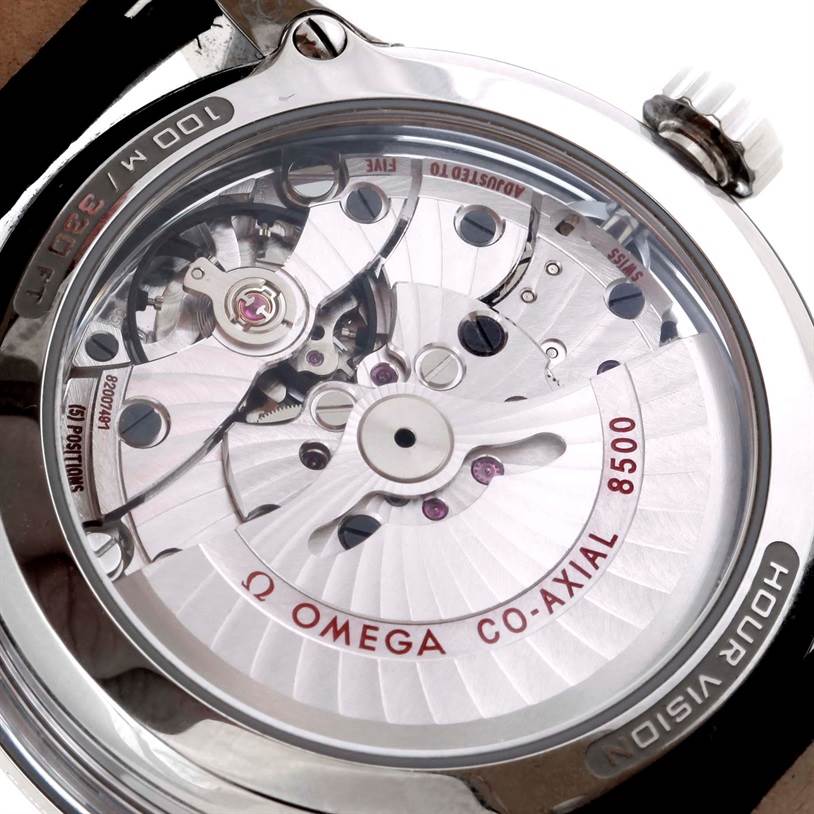 The image shows the back of an Omega De Ville 431.33.41.21.01.001 Men's Stainless Steel Black Dial 431.33.41.21.01.001 Men's Stainless Steel Black Dial watch, highlighting its Co-Axial movement mechanism.