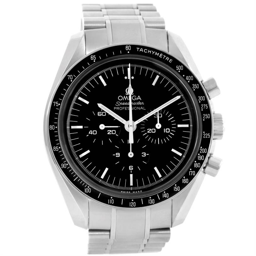 The Omega Speedmaster 311.30.42.30.01.005 Men
s Stainless Steel Black Dial 311.30.42.30.01.005 Men
s Stainless Steel Black Dial watch is shown from the front, displaying its black dial, tachymeter bezel, and stainless-steel bracelet and case.