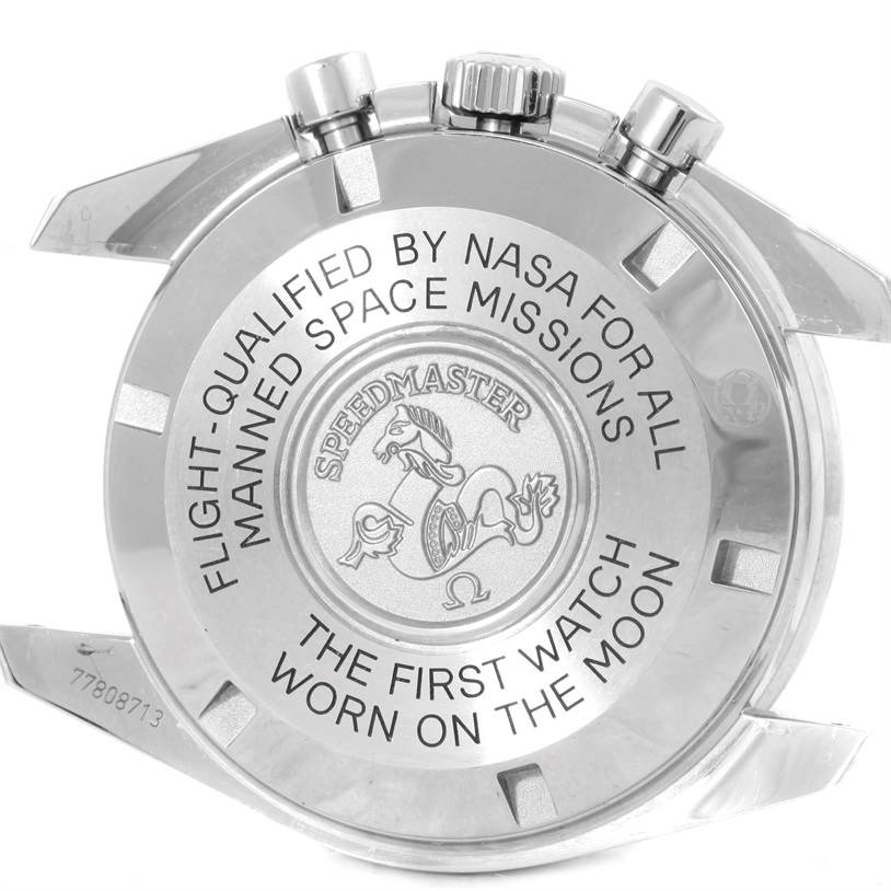 This photo shows the case back and side view of an Omega Speedmaster 311.30.42.30.01.005 Men
s Stainless Steel Black Dial 311.30.42.30.01.005 Men
s Stainless Steel Black Dial watch, highlighting its engraved text and chronograph pushers.