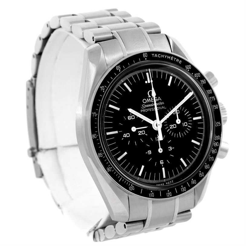 The image shows an Omega Speedmaster 311.30.42.30.01.005 Men
s Stainless Steel Black Dial 311.30.42.30.01.005 Men
s Stainless Steel Black Dial watch from a front-left angle, highlighting the dial, bezel, and stainless steel bracelet.