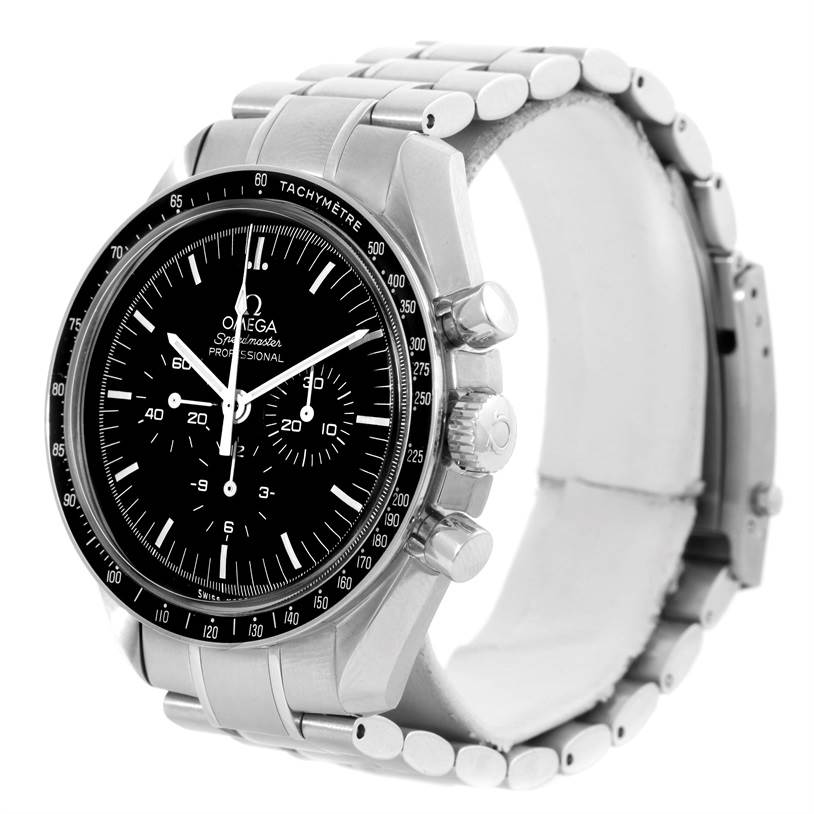 The Omega Speedmaster 311.30.42.30.01.005 Men
s Stainless Steel Black Dial 311.30.42.30.01.005 Men
s Stainless Steel Black Dial model is shown at an angle showcasing the dial, crown, chronograph pushers, and partial bracelet.