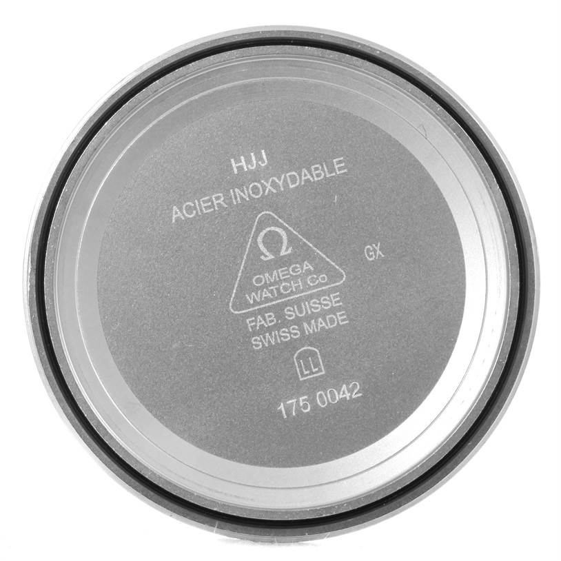 This image shows the inner case back of an Omega Speedmaster 3539.50.00 Men
s Stainless Steel Black Dial 3539.50.00 Men
s Stainless Steel Black Dial watch, featuring the Omega branding and specifications.