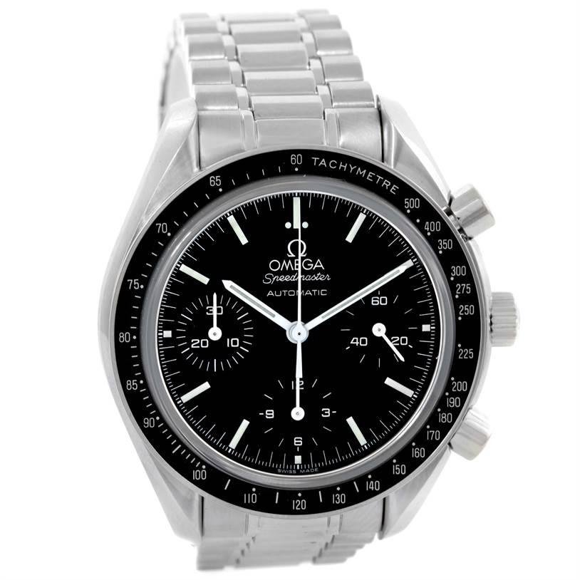 The image shows a front view of the Omega Speedmaster 3539.50.00 Men
s Stainless Steel Black Dial 3539.50.00 Men
s Stainless Steel Black Dial watch, detailing its face, bezel, and stainless steel bracelet.