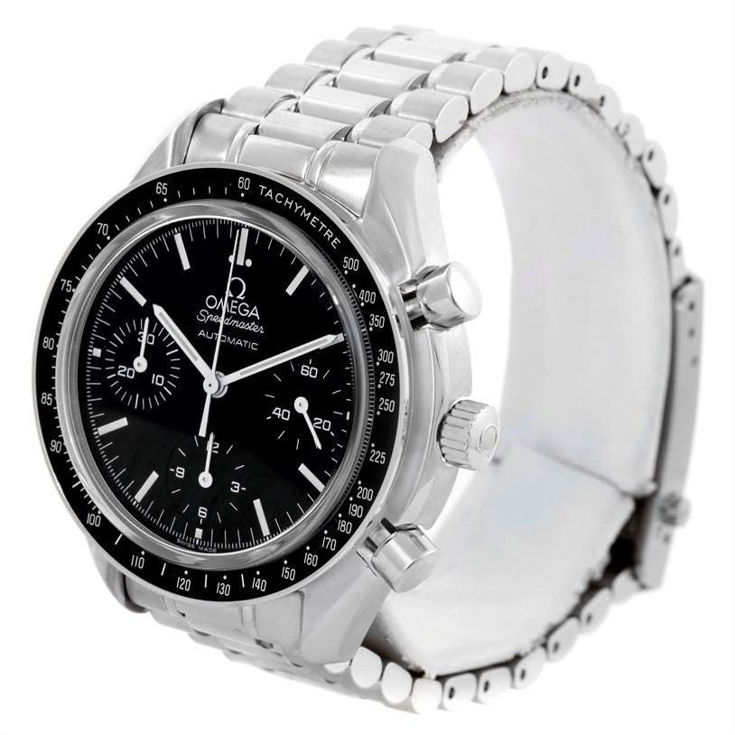 The Omega Speedmaster 3539.50.00 Men
s Stainless Steel Black Dial 3539.50.00 Men
s Stainless Steel Black Dial watch is shown at an angle highlighting the face, bezel, and part of the metal bracelet.