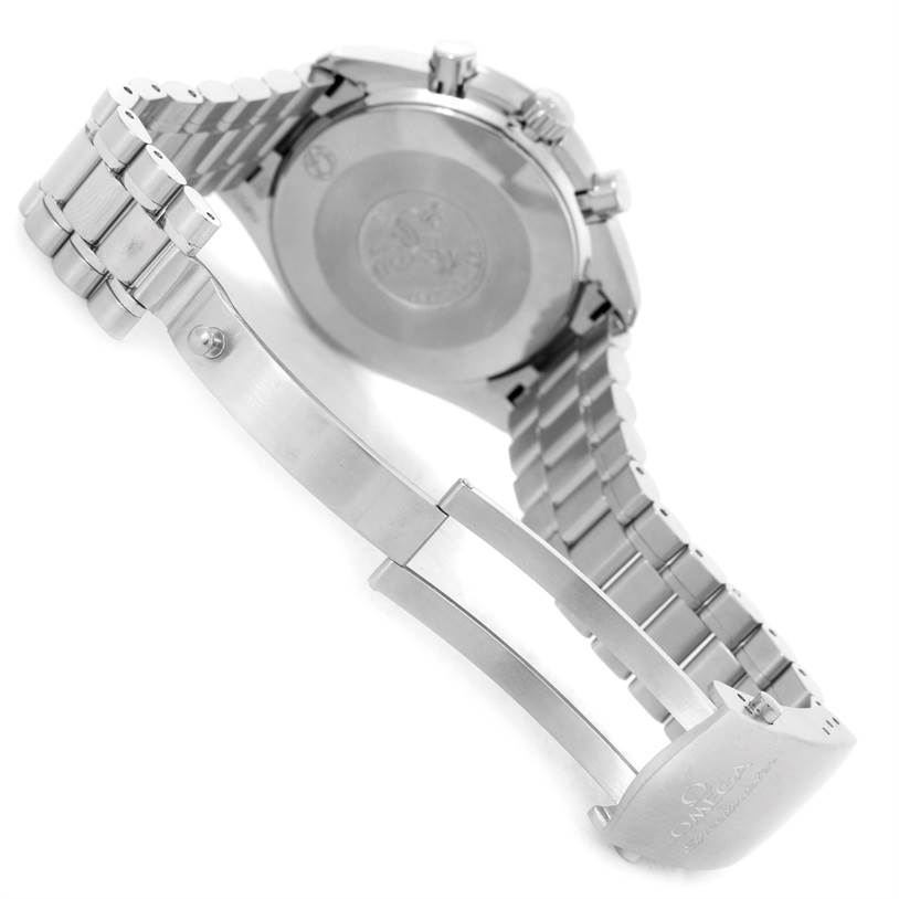 The image shows the back case and partially open clasp of an Omega Speedmaster 3539.50.00 Men
s Stainless Steel Black Dial 3539.50.00 Men
s Stainless Steel Black Dial watch.