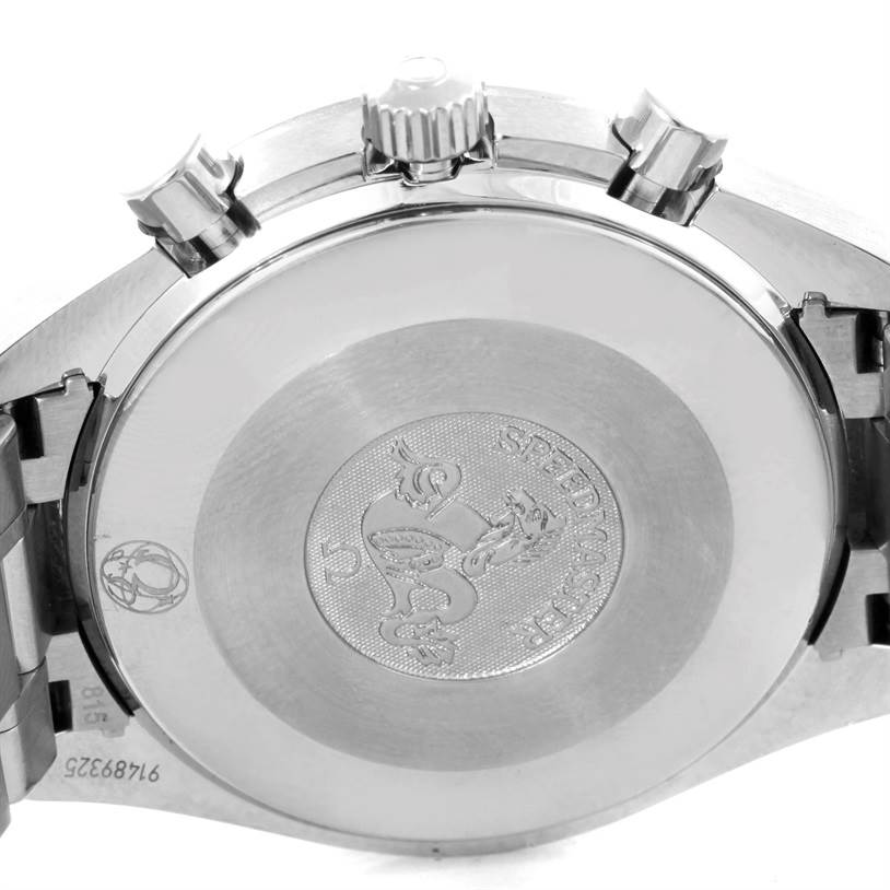 The image shows the back case and crown of an Omega Speedmaster 3539.50.00 Men
s Stainless Steel Black Dial 3539.50.00 Men
s Stainless Steel Black Dial watch at a close-up angle.