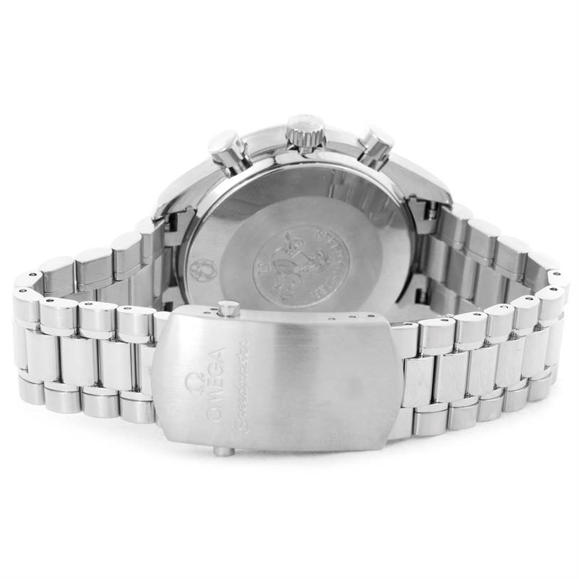 The image shows the back side of the Omega Speedmaster 3539.50.00 Men
s Stainless Steel Black Dial 3539.50.00 Men
s Stainless Steel Black Dial watch, highlighting the clasp, case back, and bracelet.