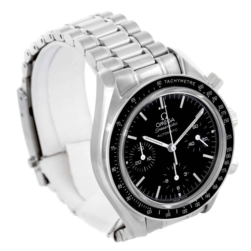 The image shows an Omega Speedmaster 3539.50.00 Men
s Stainless Steel Black Dial 3539.50.00 Men
s Stainless Steel Black Dial watch at an angle, highlighting the stainless steel bracelet, black dial, and tachymeter bezel.