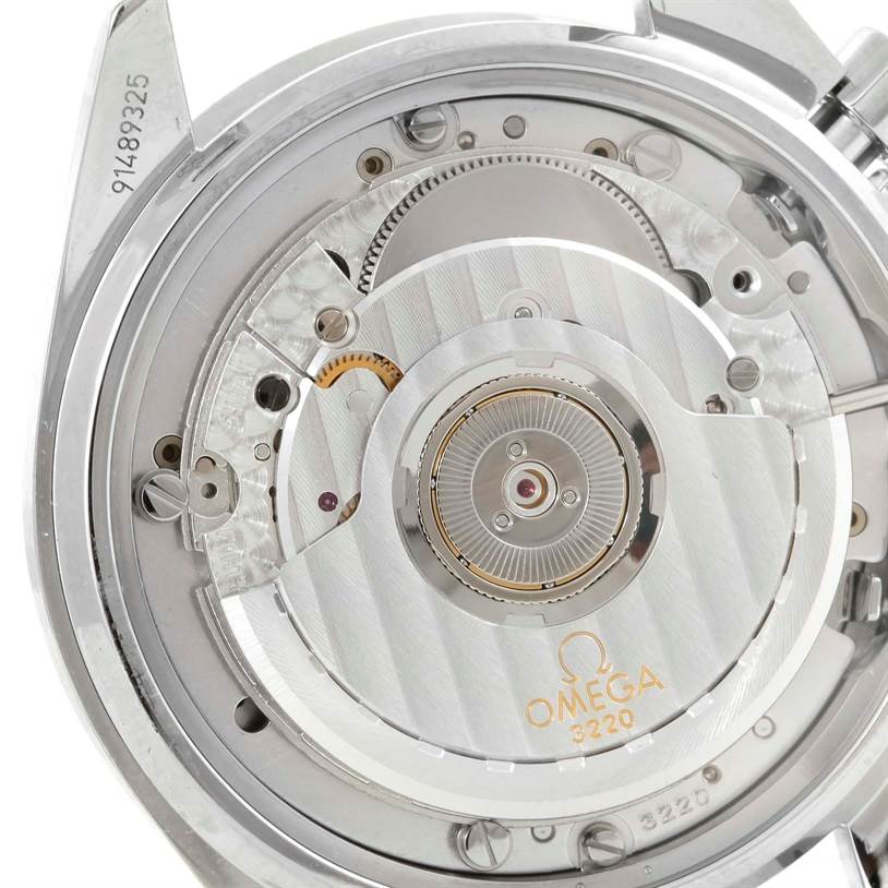 This image shows the movement mechanism of the Omega Speedmaster 3539.50.00 Men
s Stainless Steel Black Dial 3539.50.00 Men
s Stainless Steel Black Dial watch, featuring the caliber 3220 from a rear angle.