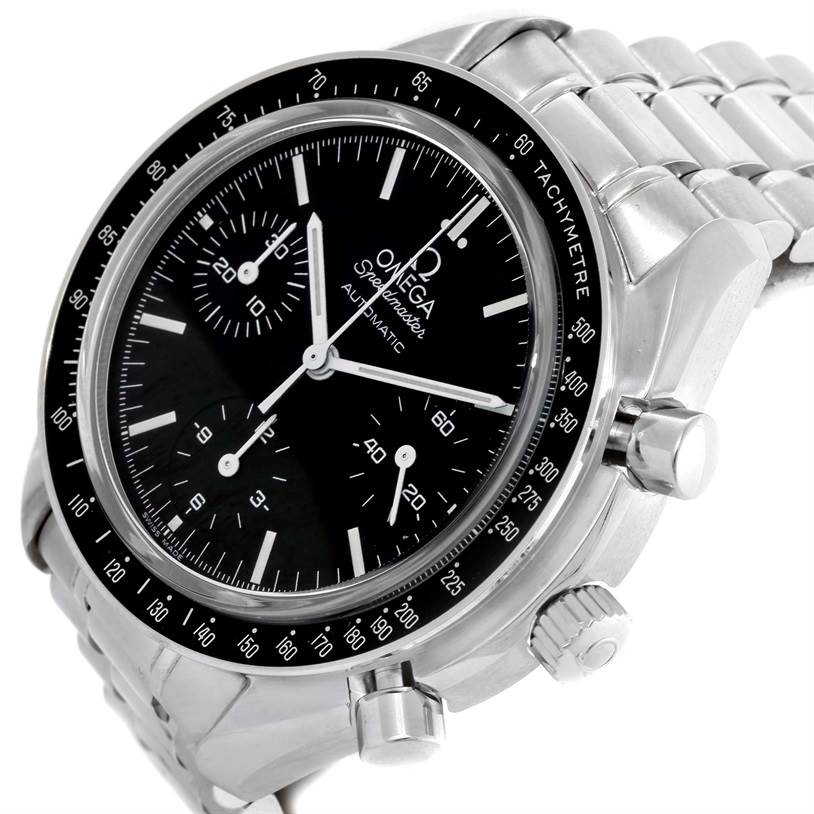 The Omega Speedmaster 3539.50.00 Men
s Stainless Steel Black Dial 3539.50.00 Men
s Stainless Steel Black Dial is shown at a tilted angle, revealing its chronograph dials, tachymeter bezel, and stainless steel bracelet.
