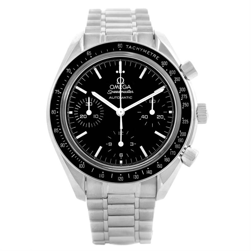 The image shows a front view of the Omega Speedmaster 3539.50.00 Men
s Stainless Steel Black Dial 3539.50.00 Men
s Stainless Steel Black Dial, highlighting its dial, tachymeter bezel, and stainless steel bracelet.