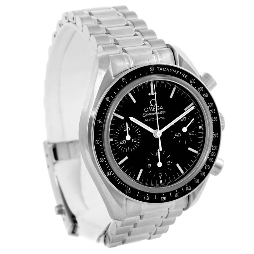 This image shows a frontal side-angle view of the Omega Speedmaster 3539.50.00 Men
s Stainless Steel Black Dial 3539.50.00 Men
s Stainless Steel Black Dial watch, featuring its dial, bezel, and steel bracelet.