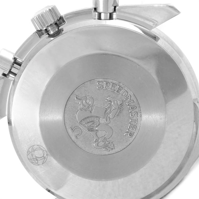 The image shows the back case and crown buttons of the Omega Speedmaster 3539.50.00 Men
s Stainless Steel Black Dial 3539.50.00 Men
s Stainless Steel Black Dial watch at an angled view.