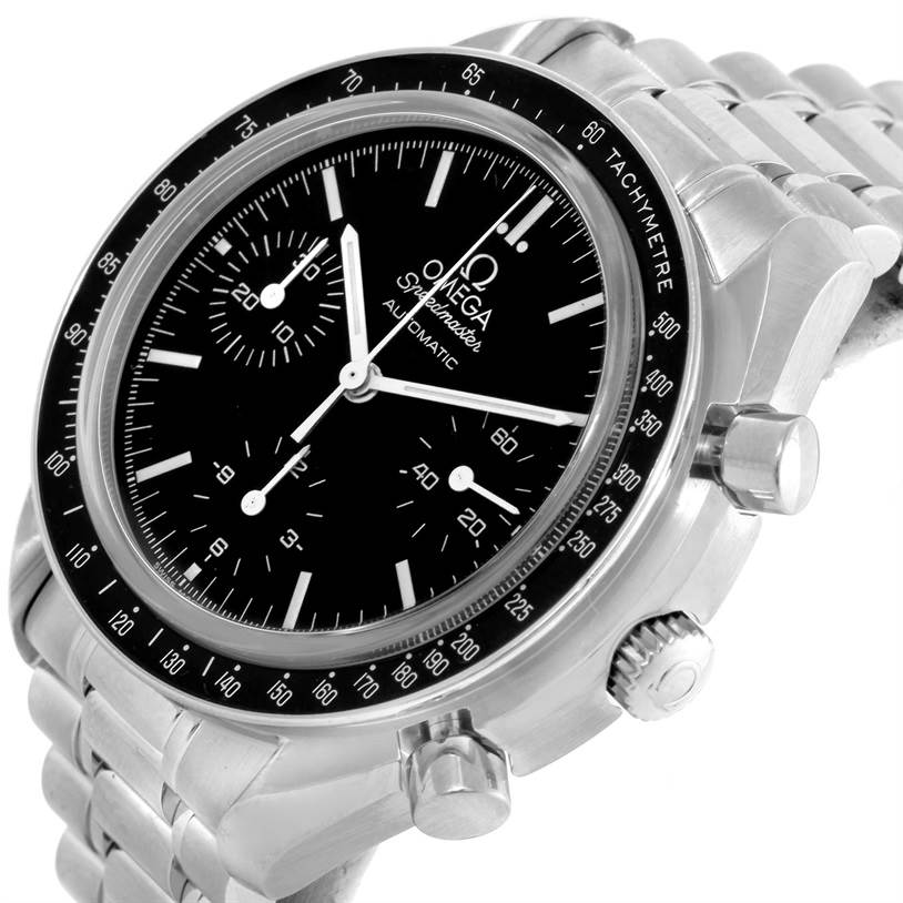 The image shows an angled view of the Omega Speedmaster 3539.50.00 Men
s Stainless Steel Black Dial 3539.50.00 Men
s Stainless Steel Black Dial watch, highlighting the dial, sub-dials, and tachymeter scale.