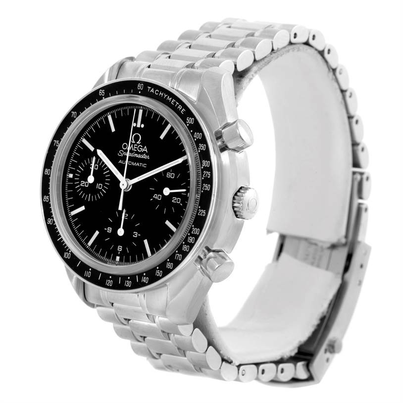 This image shows a side angle of the Omega Speedmaster 3539.50.00 Men
s Stainless Steel Black Dial 3539.50.00 Men
s Stainless Steel Black Dial watch, displaying its face, bezel, crown, pushers, and metal bracelet.