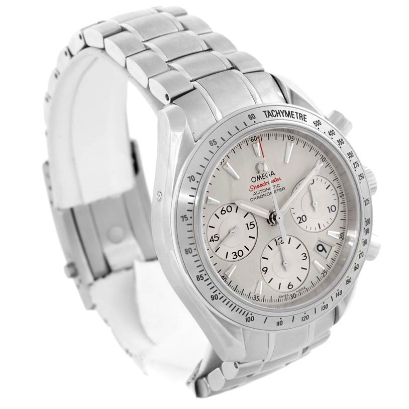 This image shows an Omega Speedmaster 323.10.40.40.02.001 Men
s Stainless Steel Silver Dial 323.10.40.40.02.001 Men
s Stainless Steel Silver Dial watch at a three-quarter angle, highlighting its bracelet, tachymeter bezel, and chronograph dials.