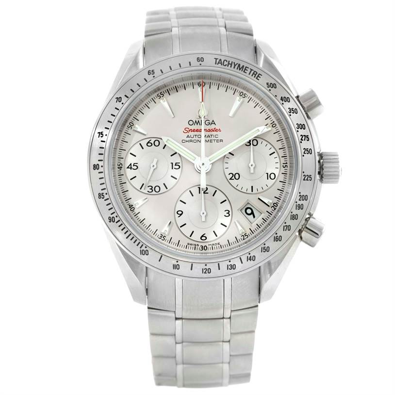 This image shows a front view of the Omega Speedmaster 323.10.40.40.02.001 Men
s Stainless Steel Silver Dial 323.10.40.40.02.001 Men
s Stainless Steel Silver Dial watch, highlighting its dial, chronograph subdials, bezel, and bracelet.