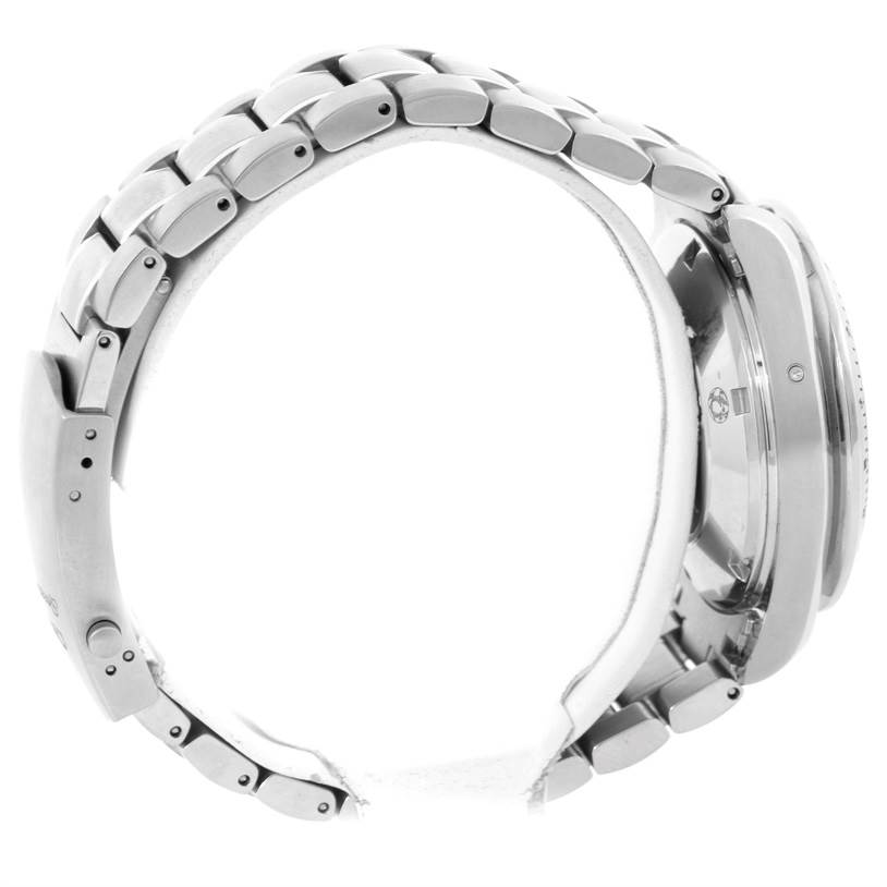 The image shows a side view of the Omega Speedmaster 323.10.40.40.02.001 Men
s Stainless Steel Silver Dial 323.10.40.40.02.001 Men
s Stainless Steel Silver Dial watch, highlighting its case and metal bracelet.