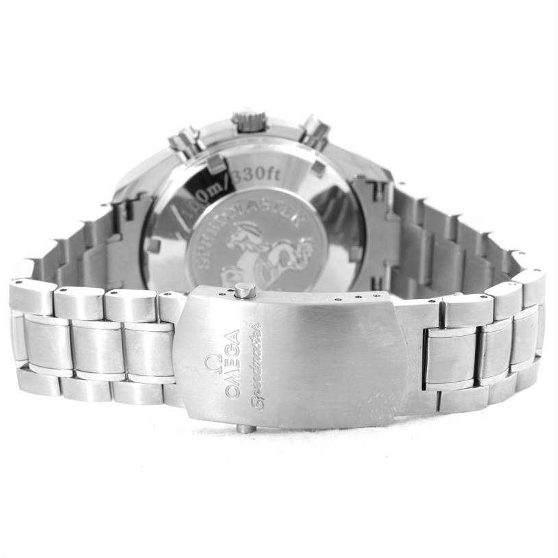This Omega Speedmaster 323.10.40.40.02.001 Men
s Stainless Steel Silver Dial 323.10.40.40.02.001 Men
s Stainless Steel Silver Dial watch is shown from the back, highlighting the case back and part of the metal bracelet with the clasp.
