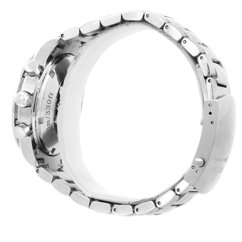 The watch is an Omega Speedmaster 323.10.40.40.02.001 Men
s Stainless Steel Silver Dial 323.10.40.40.02.001 Men
s Stainless Steel Silver Dial, shown from a side angle, displaying the bracelet, clasp, and case with pushers and crown.