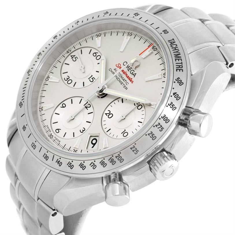 The Omega Speedmaster 323.10.40.40.02.001 Men
s Stainless Steel Silver Dial 323.10.40.40.02.001 Men
s Stainless Steel Silver Dial watch is shown at an angled view highlighting the bezel, crown, pushers, and bracelet.