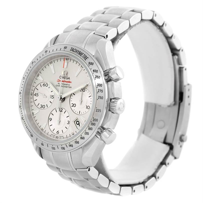The image shows an Omega Speedmaster 323.10.40.40.02.001 Men
s Stainless Steel Silver Dial 323.10.40.40.02.001 Men
s Stainless Steel Silver Dial watch at a slight angle, highlighting its face, bezel, crown, pushers, and metal bracelet.