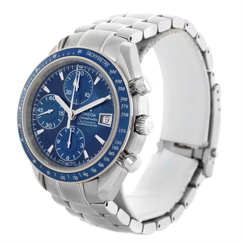The Omega Speedmaster 3212.80.00 Men
s Stainless Steel Blue Dial 3212.80.00 Men
s Stainless Steel Blue Dial watch is shown at a three-quarter angle, highlighting its blue dial, tachymeter bezel, and metal bracelet.