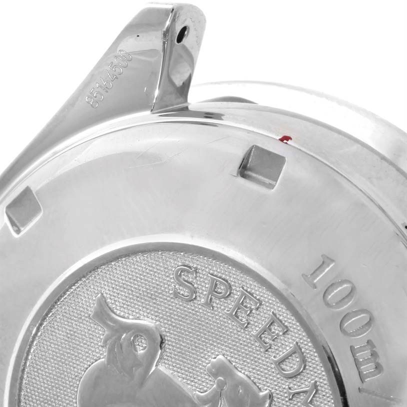 The image shows the back casing and part of the lugs of an Omega Speedmaster 3212.80.00 Men
s Stainless Steel Blue Dial 3212.80.00 Men
s Stainless Steel Blue Dial watch, emphasizing the "Speedmaster" inscription and water resistance.