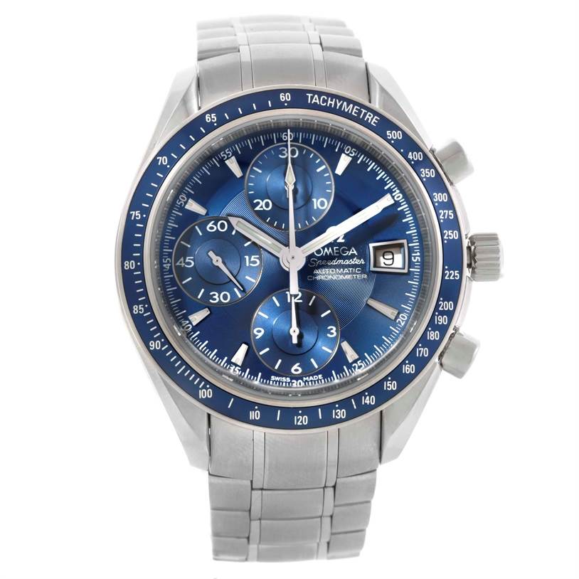 The image shows a front view of an Omega Speedmaster 3212.80.00 Men
s Stainless Steel Blue Dial 3212.80.00 Men
s Stainless Steel Blue Dial watch with a stainless steel bracelet, blue dial, and chronograph features.