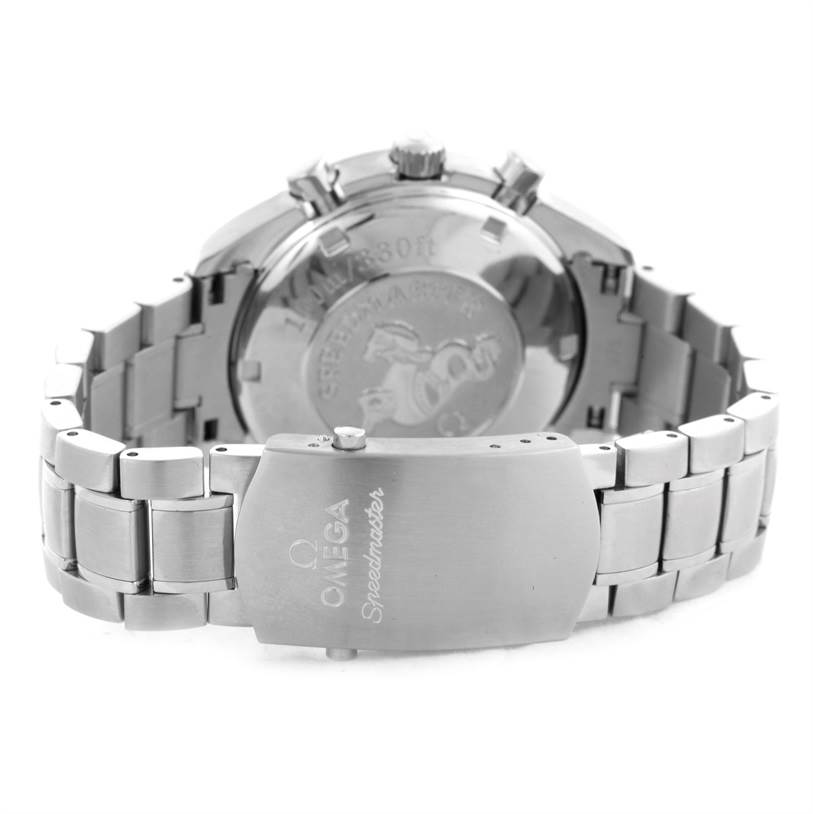 The image shows the back case and bracelet clasp of the Omega Speedmaster 3212.80.00 Men
s Stainless Steel Blue Dial 3212.80.00 Men
s Stainless Steel Blue Dial watch.