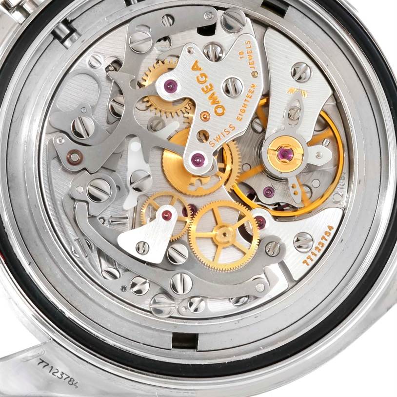 The image shows the inner mechanical components of the Omega Speedmaster 3570.50.00 Men
s Stainless Steel Black Dial 3570.50.00 Men
s Stainless Steel Black Dial watch viewed from the back.