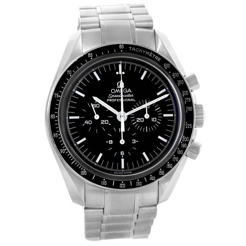 The image shows a front view of an Omega Speedmaster 3570.50.00 Men
s Stainless Steel Black Dial 3570.50.00 Men
s Stainless Steel Black Dial watch, displaying the dial, bezel, and bracelet.