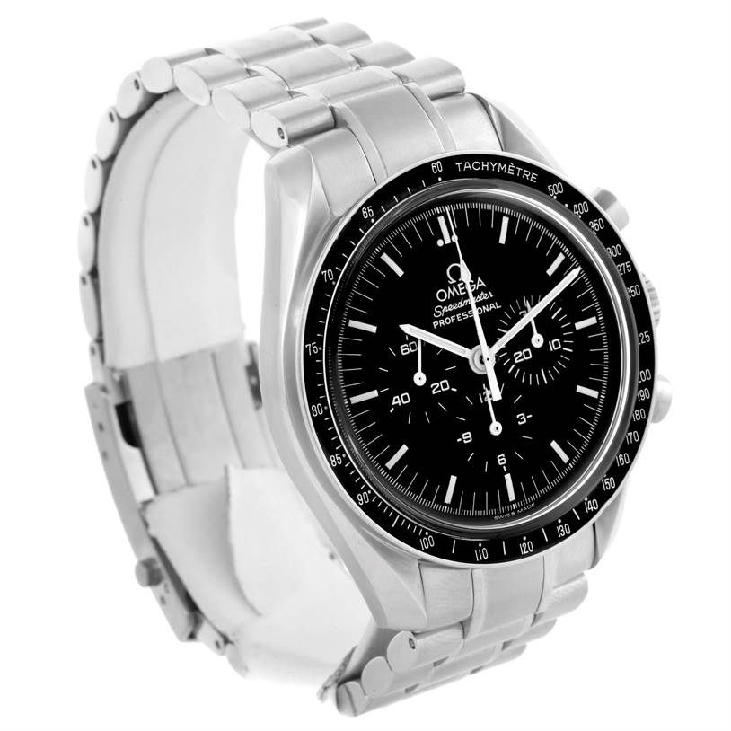 The image shows a front and slightly angled view of the Omega Speedmaster 3570.50.00 Men
s Stainless Steel Black Dial 3570.50.00 Men
s Stainless Steel Black Dial watch, highlighting its dial and metal bracelet.