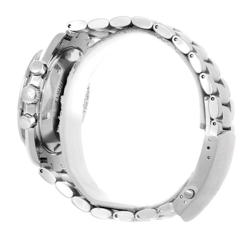 This side view of the Omega Speedmaster 3570.50.00 Men
s Stainless Steel Black Dial 3570.50.00 Men
s Stainless Steel Black Dial watch shows the bracelet, clasp, and pushers.