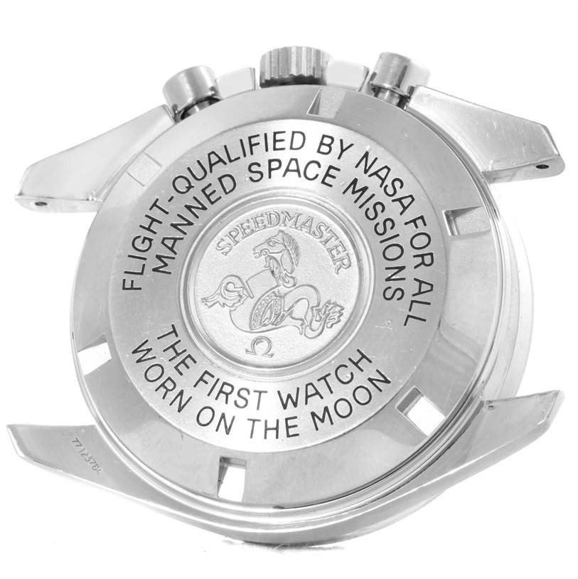 This image shows the back case and lugs of an Omega Speedmaster 3570.50.00 Men
s Stainless Steel Black Dial 3570.50.00 Men
s Stainless Steel Black Dial watch, highlighting its NASA certification and moon landing endorsement.