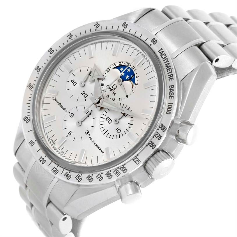 The image shows an angled view of an Omega Speedmaster 3575.30.00 Men
s Stainless Steel Silver Dial 3575.30.00 Men
s Stainless Steel Silver Dial watch
s face, including its chronograph, moon phase, and tachymeter.