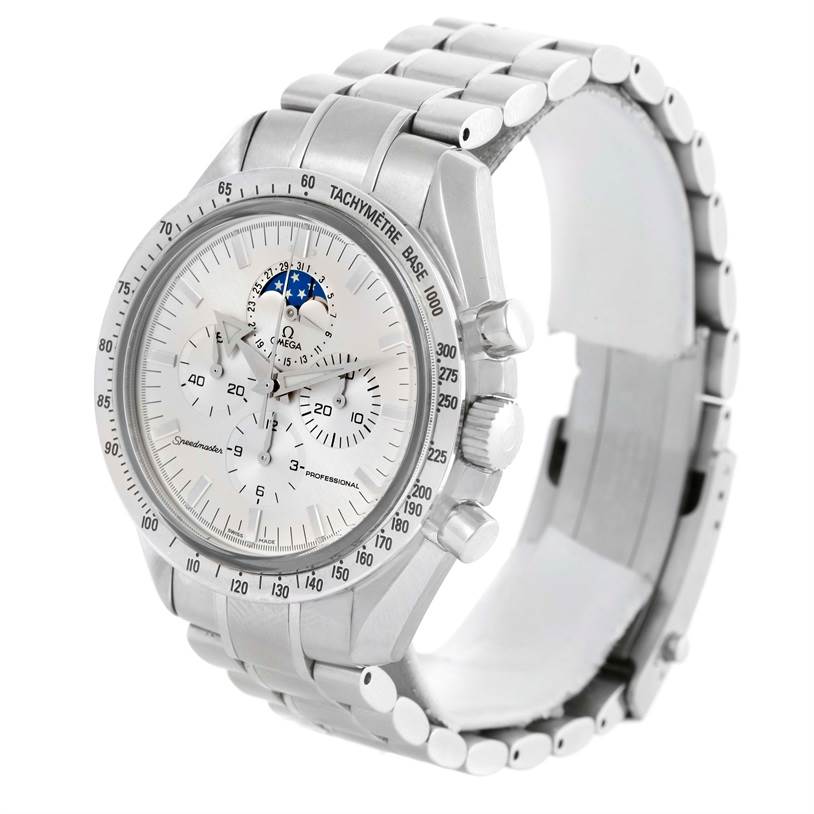 The Omega Speedmaster 3575.30.00 Men
s Stainless Steel Silver Dial 3575.30.00 Men
s Stainless Steel Silver Dial watch is shown from a three-quarter angle, displaying its face, tachymeter bezel, pushers, crown, and metal bracelet.