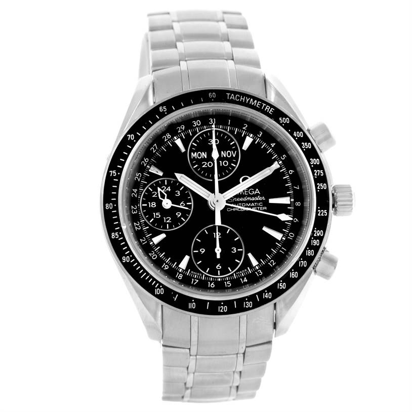 The image shows a front angle view of an Omega Speedmaster 3220.50.00 Men
s Stainless Steel Black Dial 3220.50.00 Men
s Stainless Steel Black Dial watch, displaying its dial, bezel, and bracelet.