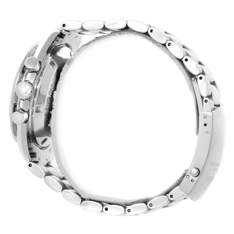 The image shows a side view of an Omega Speedmaster 3575.20.00 Men
s Stainless Steel White Dial 3575.20.00 Men
s Stainless Steel White Dial watch, highlighting the stainless steel bracelet, crown, and pushers.