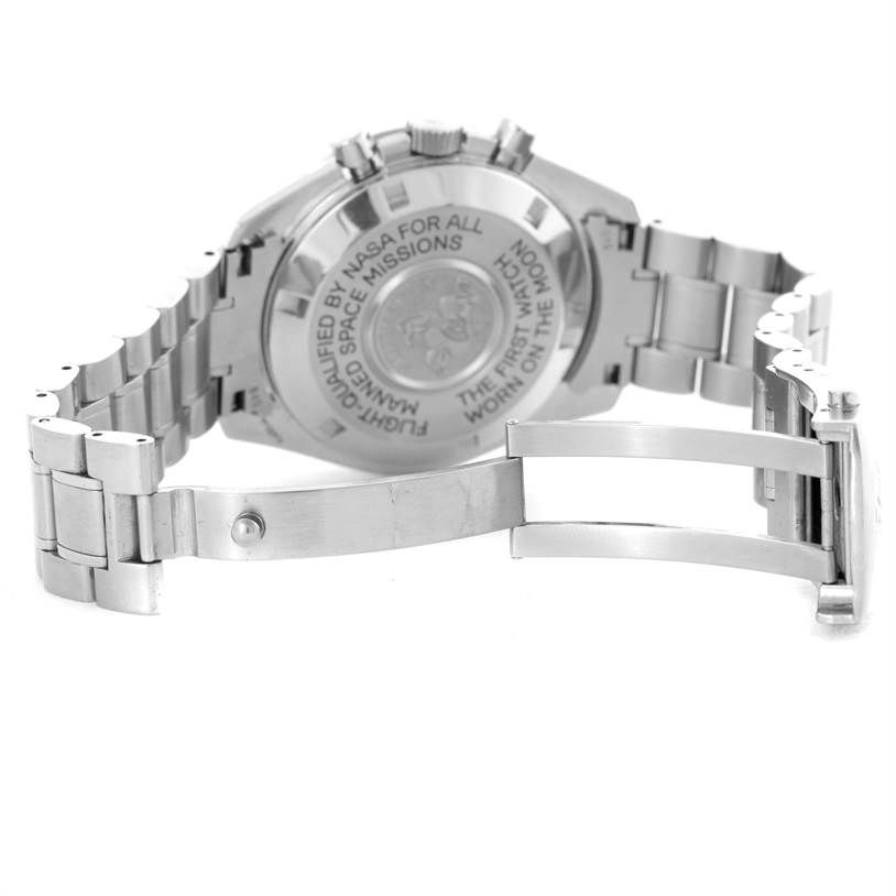 The image shows the back case and partially open bracelet clasp of an Omega Speedmaster 3575.20.00 Men
s Stainless Steel White Dial 3575.20.00 Men
s Stainless Steel White Dial watch.