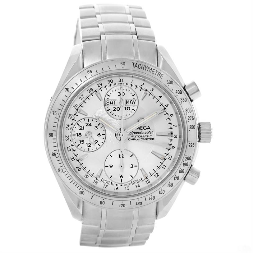 The Omega Speedmaster 3523.30.00 Men
s Stainless Steel Silver Dial 3523.30.00 Men
s Stainless Steel Silver Dial watch is shown from the front, displaying its dial, subdials, bracelet, and pushers.