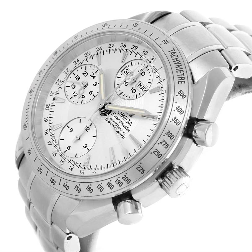 The image shows a side angle of the Omega Speedmaster 3523.30.00 Men
s Stainless Steel Silver Dial 3523.30.00 Men
s Stainless Steel Silver Dial watch, highlighting its face, three sub-dials, bezel, and pushers.