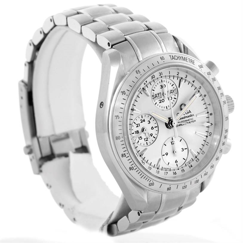 The Omega Speedmaster 3523.30.00 Men
s Stainless Steel Silver Dial 3523.30.00 Men
s Stainless Steel Silver Dial watch is shown from an angled side view, highlighting its case, bezel, dial, and metal bracelet.