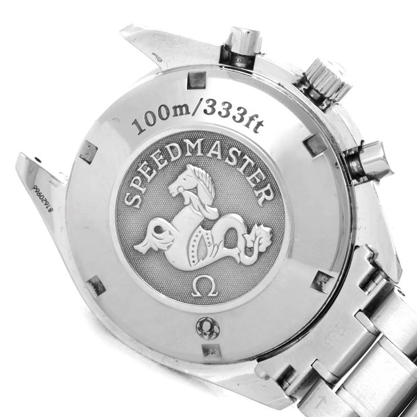 The image shows the case back of an Omega Speedmaster 3523.30.00 Men
s Stainless Steel Silver Dial 3523.30.00 Men
s Stainless Steel Silver Dial watch, highlighting its design and water resistance.