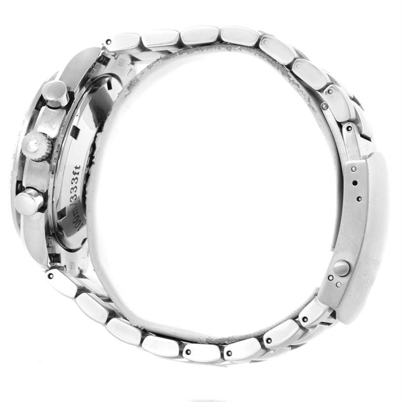 The image shows a side view of an Omega Speedmaster 3523.30.00 Men
s Stainless Steel Silver Dial 3523.30.00 Men
s Stainless Steel Silver Dial watch, highlighting the metal bracelet, pushers, and crown.