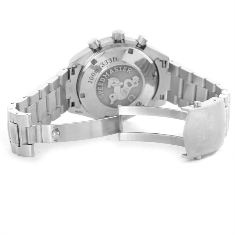 The image shows the back case and partially open stainless steel bracelet of an Omega Speedmaster 3523.30.00 Men
s Stainless Steel Silver Dial 3523.30.00 Men
s Stainless Steel Silver Dial watch.