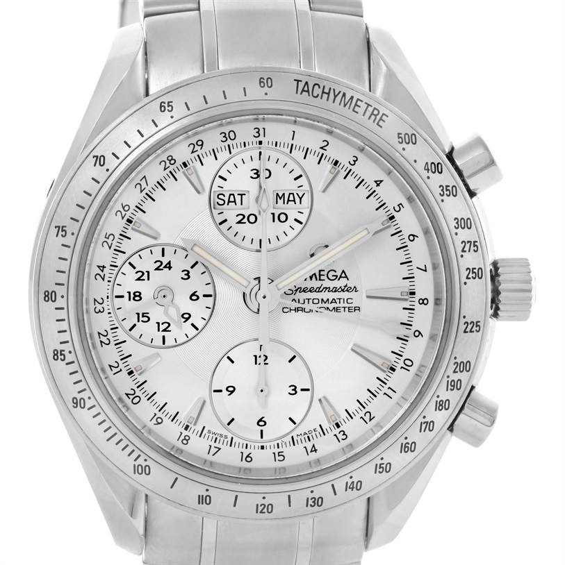 The image shows a front angle view of the Omega Speedmaster 3523.30.00 Men
s Stainless Steel Silver Dial 3523.30.00 Men
s Stainless Steel Silver Dial watch, displaying the face, dials, buttons, and part of the bracelet.