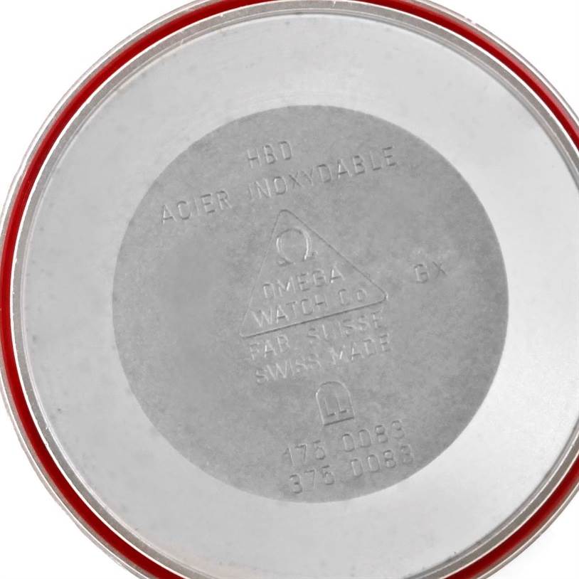 This image shows the inside case back of an Omega Speedmaster 3313.50.00 Men's Steel and Gold (two tone) Black Dial 3313.50.00 Men's Steel and Gold (two tone) Black Dial watch with model and brand inscriptions.