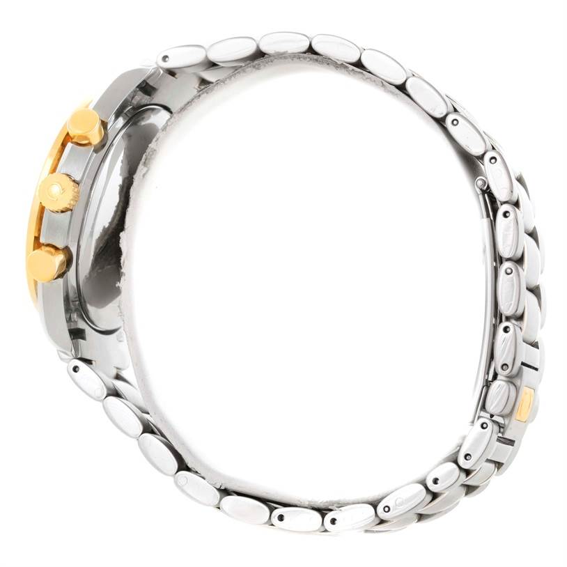 The image shows the side view of an Omega Speedmaster 3313.50.00 Men's Steel and Gold (two tone) Black Dial 3313.50.00 Men's Steel and Gold (two tone) Black Dial watch, highlighting its bracelet and gold chronograph pushers.